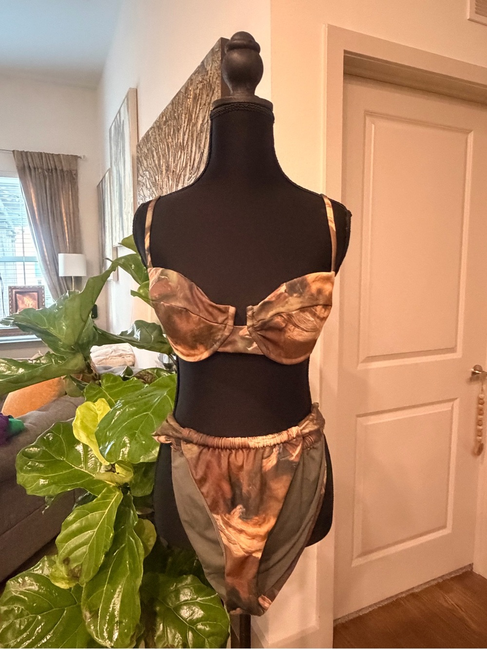 12th Tribe Brown Marble Satin Bra & High-Waist Brief Set